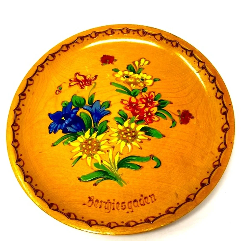 Vintage German Hand Painted Wood Plate Floral Carved Wall Decor Berchtesgaden